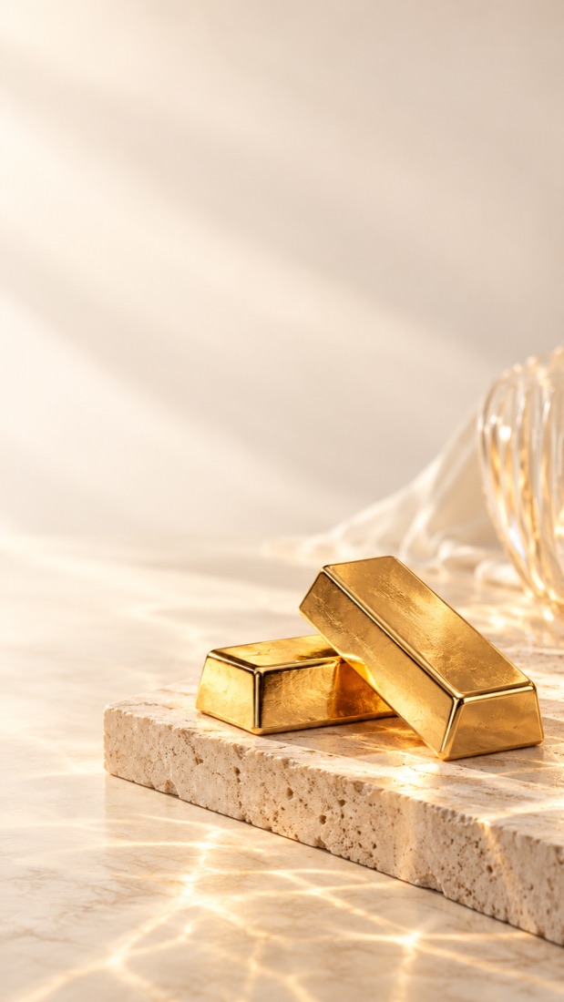 Gold bars resting on a travertine stone block in warm light