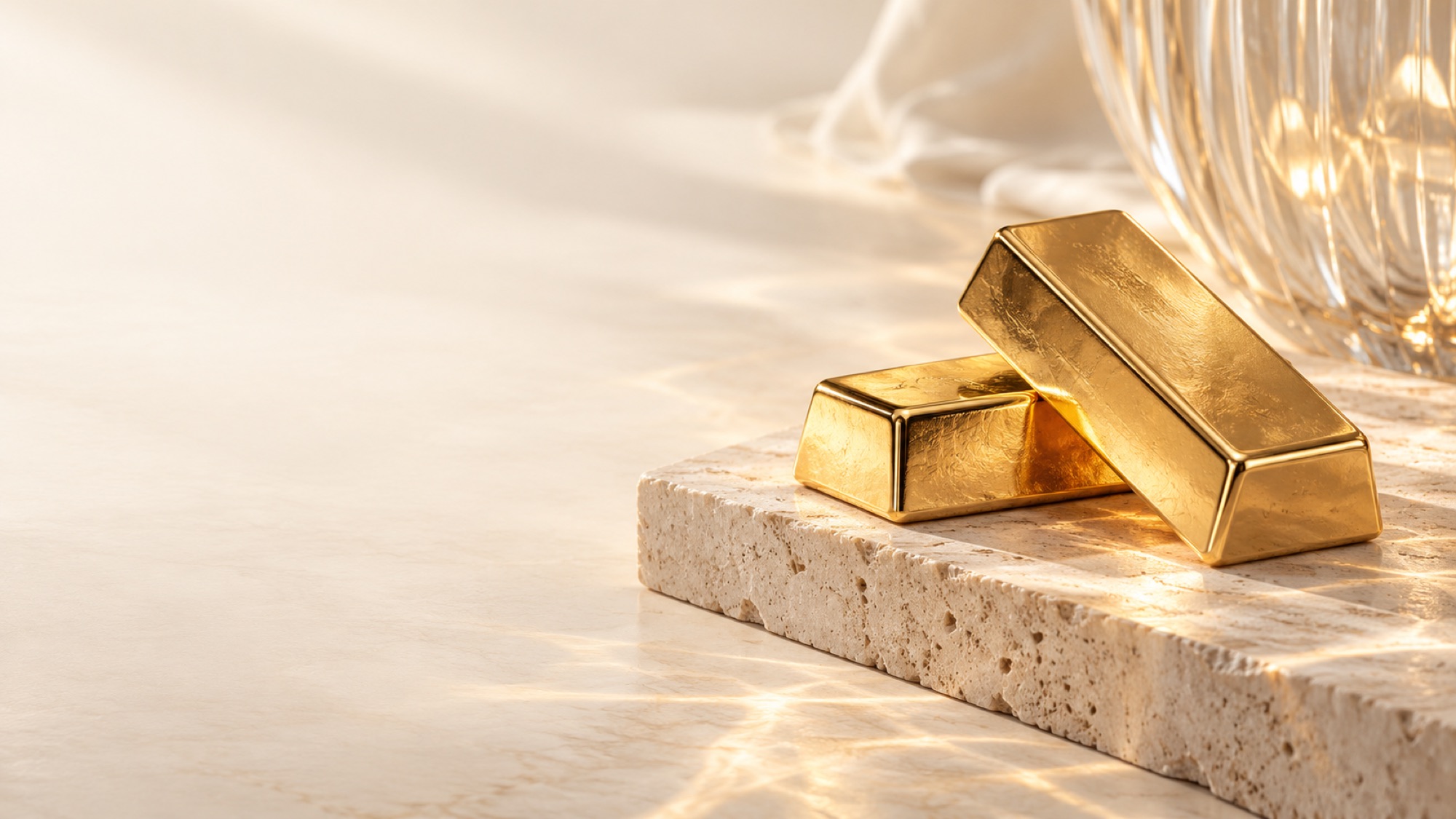 Two gold bars resting on a travertine stone block in warm sunlight