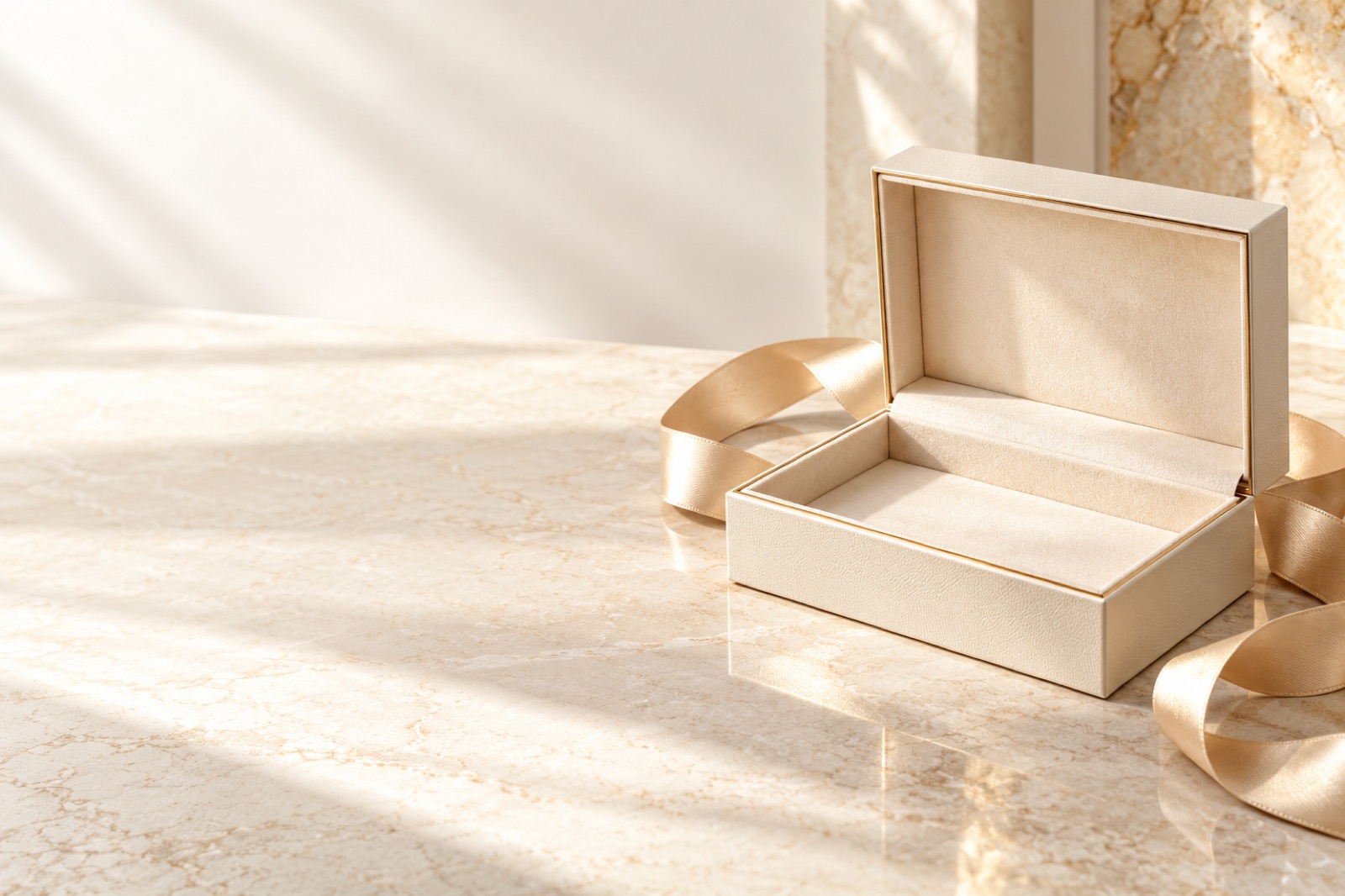 An open ivory presentation box with a satin gold ribbon on marble