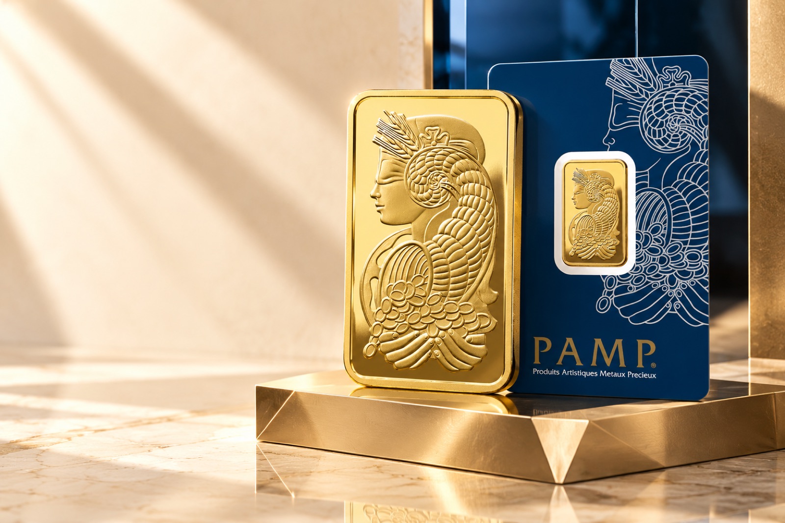 A PAMP gold bar standing beside its blue PAMP presentation card in warm light